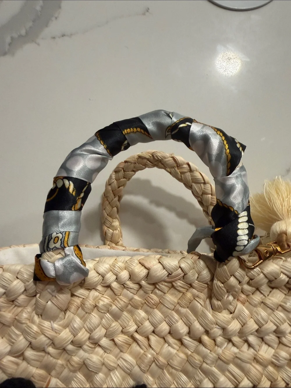 Handwoven Natural Straw Tote Bag with Black Script